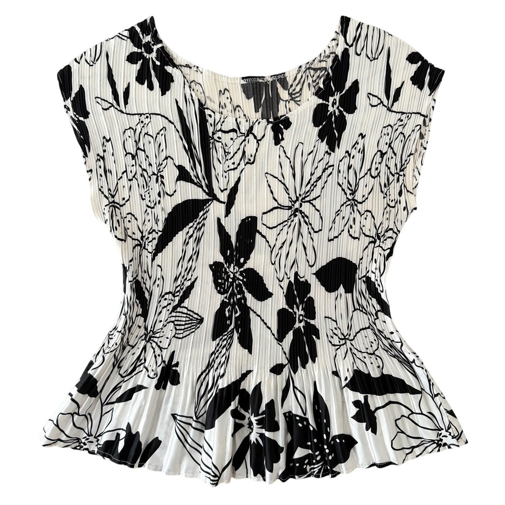 Black White Pleated Floral Top Crinkle‎ Stretch Y2K